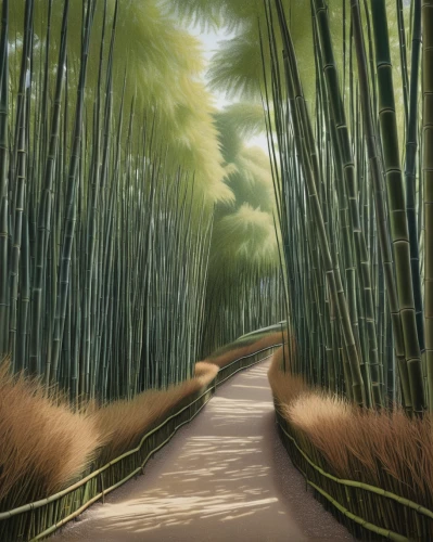 bamboo forest,hawaii bamboo,bamboo plants,bamboo,bamboo curtain,bamboo frame,world digital painting,tunnel of plants,cartoon video game background,green forest,pathway,forest path,palm forest,japan landscape,walkway,cartoon forest,hiking path,the mystical path,tree lined path,pine forest,Illustration,Realistic Fantasy,Realistic Fantasy 11
