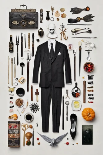 chef's uniform,suit of spades,flat lay,vanitas,white-collar worker,kit,day of the dead skeleton,human halloween,disassembled,assemblage,black businessman,costume accessory,waiter,businessman,halloweenchallenge,clue and white,day of the dead,cooking book cover,accountant,components,Unique,Design,Knolling