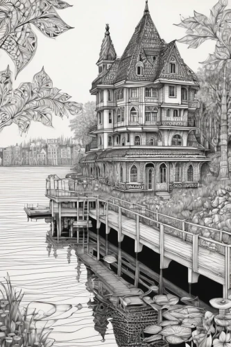 house by the water,house with lake,mainau,water castle,fairy tale castle,water palace,coloring page,pencil drawings,house of the sea,villa balbianello,dragon palace hotel,victorian,boathouse,seaside resort,moated castle,fairytale castle,imperial shores,hand-drawn illustration,magic castle,stilt houses,Illustration,Black and White,Black and White 11
