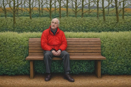 man on a bench,red bench,pensioner,park bench,chair in field,elderly man,bench,man with a computer,men sitting,farmer in the woods,man in red dress,thinking man,suitcase in field,woman sitting,forest man,outdoor bench,benches,wooden bench,older person,garden bench,Illustration,Realistic Fantasy,Realistic Fantasy 11