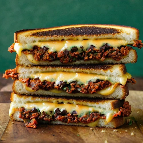 bacon jam,patty melt,grilled cheese,sloppy joe,'nduja,melt sandwich,cemita,muffuletta,grilled bread,beef steak toast,baleada,panini,moussaka,parmigiana,oven-baked cheese,cheese slices,jam sandwich,sandwich-cake,pastitsio,breakfast sandwiches,Illustration,Realistic Fantasy,Realistic Fantasy 10