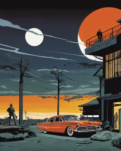 holiday motel,motel,moon car,drive in restaurant,atomic age,retro diner,edsel,station wagon-station wagon,dunes house,beach house,electric gas station,cool woodblock images,drive-in,gas-station,sci fiction illustration,aronde,seaside resort,retro vehicle,retro automobile,house silhouette,Illustration,American Style,American Style 09