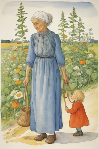 kate greenaway,picking vegetables in early spring,girl picking flowers,picking flowers,nanny,grandmother,farmer,girl picking apples,arrowroot family,vintage illustration,grandma,little girl and mother,elderly lady,the garden marigold,poppy family,nursery,eglantine,flowers in basket,glean,purslane family,Illustration,Realistic Fantasy,Realistic Fantasy 31