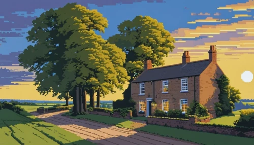 house silhouette,houses silhouette,home landscape,country cottage,houses clipart,cottage,rural landscape,cottages,house painting,summer cottage,farmhouse,farm landscape,idyllic,the evening light,lonely house,thatched cottage,pixel art,summer evening,exmoor,village scene,Unique,Pixel,Pixel 01