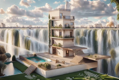 fantasy city,floating island,tower of babel,cube stilt houses,floating islands,sky apartment,tower fall,fantasy picture,3d fantasy,luxury property,water castle,artificial island,green waterfall,fantasy world,egyptian temple,waterfalls,fantasy landscape,artificial islands,luxury real estate,ancient city