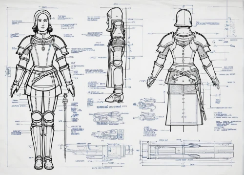costume design,concept art,wireframe graphics,retro paper doll,blueprints,technical drawing,knight armor,sheet drawing,heavy armour,wireframe,blueprint,breastplate,fashion design,spacesuit,concepts,protective clothing,armour,protective suit,sports prototype,prosthetics,Unique,Design,Blueprint