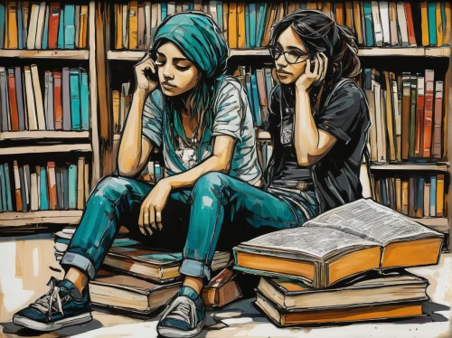 children studying,readers,students,david bates,women's novels,sci fiction illustration,book illustration,the girl studies press,two girls,books,girl studying,e-book readers,young women,study,college students,reading,bookstore,young people,youth book,novels,Illustration,Realistic Fantasy,Realistic Fantasy 23