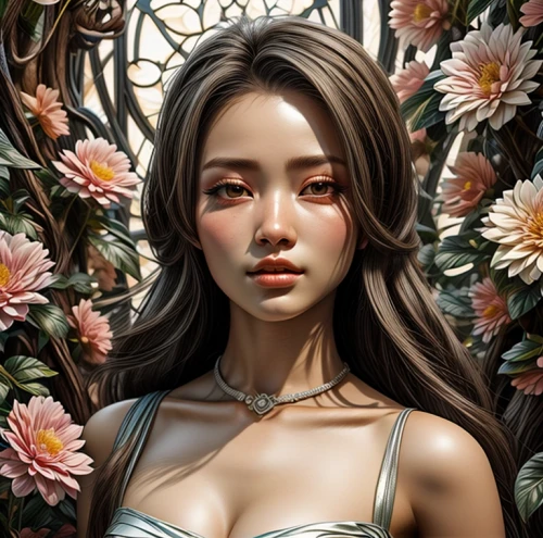 girl in flowers,fantasy portrait,jasmine blossom,flora,flower painting,beautiful girl with flowers,digital painting,falling flowers,flower girl,flower fairy,world digital painting,elven flower,portrait background,flower background,girl in the garden,asian woman,lotus flowers,lotus blossom,chinese art,background ivy