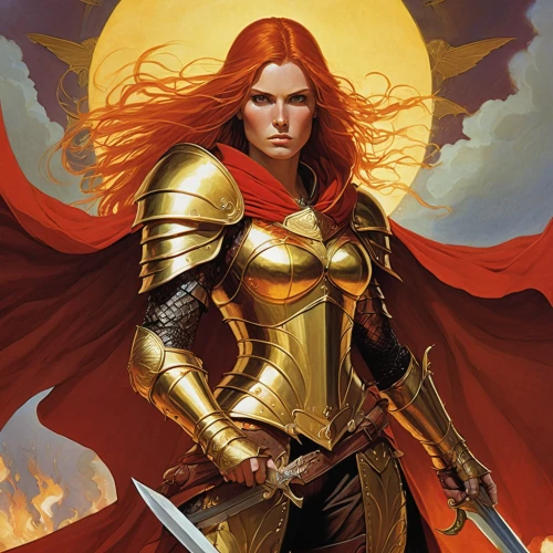 joan of arc,heroic fantasy,female warrior,firestar,paladin,warrior woman,fire angel,fiery,fantasy woman,red chief,woman power,pillar of fire,swordswoman,strong women,goddess of justice,scarlet witch,archangel,minerva,solar,mary-gold,Illustration,Realistic Fantasy,Realistic Fantasy 04