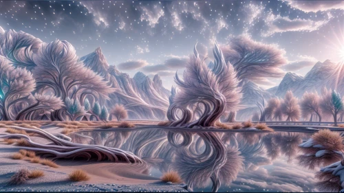 ice landscape,fantasy landscape,ice planet,snow landscape,winter landscape,fractals art,fantasy picture,snowy landscape,winter forest,winter background,futuristic landscape,winter dream,virtual landscape,salt meadow landscape,snow trees,fractal environment,mushroom landscape,hoarfrost,fractal art,fantasy art