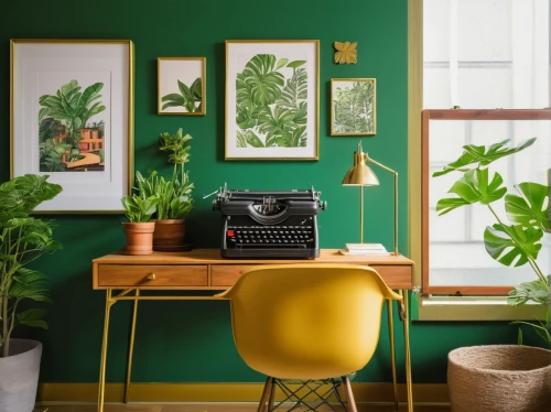 green living,intensely green hornbeam wallpaper,vintage anise green background,green wallpaper,writing desk,tropical greens,green tangerine,vintage botanical,yellow wallpaper,green plants,mid century modern,modern decor,gold foil corner,the living room of a photographer,wall,creative office,botanical print,botanical frame,house plants,interior design,Illustration,Japanese style,Japanese Style 12