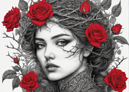 thorns,fantasy portrait,red roses,rose flower illustration,red rose,queen of hearts,rose wreath,rosebushes,noble roses,winter rose,with roses,digital illustration,flora,way of the roses,porcelain rose,scarlet witch,roses,rose flower drawing,prickly rose,crown of thorns,Illustration,Black and White,Black and White 09