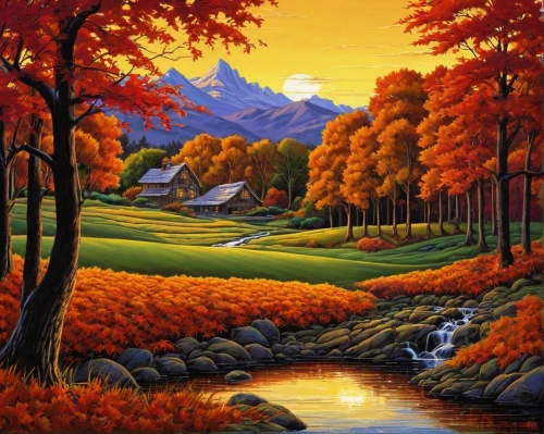 autumn landscape,fall landscape,autumn mountains,autumn background,forest landscape,mountain landscape,landscape background,mountain scene,robert duncanson,autumn idyll,autumn scenery,salt meadow landscape,nature landscape,mountainous landscape,fall foliage,brook landscape,autumn forest,rural landscape,river landscape,natural landscape,Illustration,American Style,American Style 01