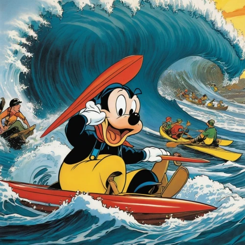 mickey mause,surfboat,jet ski,walt disney,surfers,surf kayaking,surfing,white water rafting,micky mouse,mickey mouse,mickey,rafting,powerboating,surf,water sports,sea fantasy,boat rapids,el mar,donald duck,disney,Illustration,Retro,Retro 18