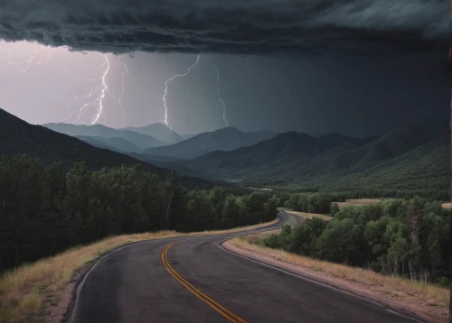 thunderstorm,lightning storm,nature's wrath,mountain highway,monsoon,aaa,mountain road,a thunderstorm cell,monsoon banner,storm clouds,lightning bolt,the road,lightning strike,thunderclouds,photomanipulation,thunderheads,storm,natural phenomenon,road to nowhere,storm ray,Photography,Documentary Photography,Documentary Photography 20