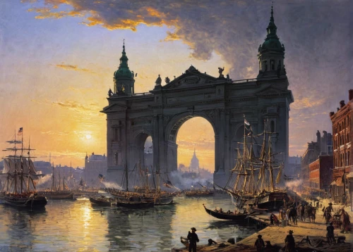 london bridge,lev lagorio,bridge new europe,venetian,thomas moran,harbor bridge,andreas achenbach,tower bridge,seaport,1905,1906,asher durand,hallia venezia,arch bridge,tied-arch bridge,manhattan bridge,sant'angelo bridge,july 1888,bridge arch,harbor,Art,Classical Oil Painting,Classical Oil Painting 09