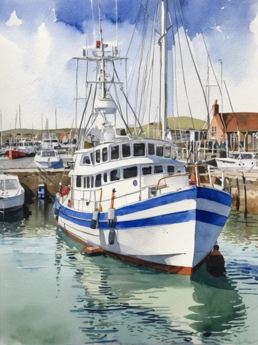 fishing trawler,harbour,fishing vessel,fishing boats,harbor,fishing boat,tern schooner,boatyard,wherry,portbail,naval trawler,boat harbor,boats in the port,seagoing vessel,shrimp boats,seaport,wharf,watercolour,boat yard,eastern harbour,Conceptual Art,Daily,Daily 35