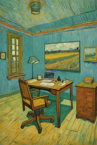 vincent van gogh,vincent van gough,blue room,danish room,computer room,study room,writing desk,consulting room,board room,conference room,blue painting,doctor's room,desk,secretary desk,meticulous painting,conference room table,post impressionism,therapy room,home office,house painting,Art,Artistic Painting,Artistic Painting 03