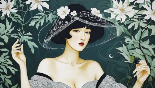 art deco woman,fashion illustration,lilly of the valley,scent of jasmine,japanese floral background,lily of the field,flora,lily of the valley,flower hat,jasmine blossom,girl in flowers,japanese art,white lady,madonna lily,absinthe,the hat of the woman,pear blossom,oriental painting,vintage woman,lily of the nile,Illustration,Black and White,Black and White 24