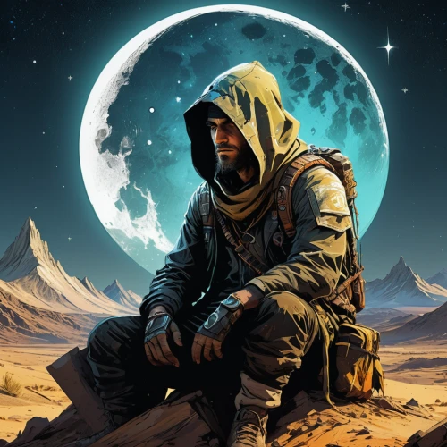hooded man,nomad,sci fiction illustration,the wanderer,cg artwork,desert background,star-lord peter jason quill,the ethereum,nomad life,game illustration,doctor doom,bedouin,wanderer,spacesuit,assassin,astronomer,astronaut,hooded,space art,game art,Illustration,Paper based,Paper Based 18