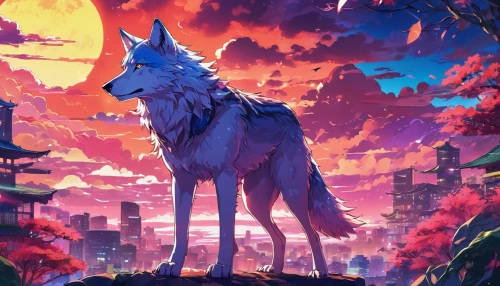 howl,howling wolf,wolf,dusk background,constellation wolf,wolves,nine-tailed,kitsune,akita,laika,coyote,european wolf,dusk,gray wolf,two wolves,red wolf,fox,wolf couple,sentinel,unicorn background,Illustration,Japanese style,Japanese Style 03