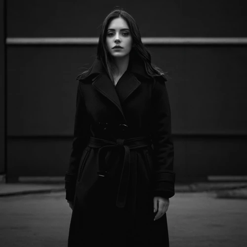 black coat,banks,overcoat,trench coat,film noir,coat,long coat,woman in menswear,a woman,femme fatale,b w,lust for life,dark angel,dark suit,dark gothic mood,woman walking,dark portrait,business woman,model-a,black suit,Conceptual Art,Oil color,Oil Color 12