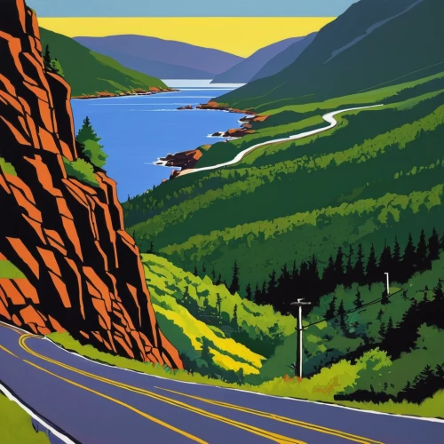 mountain highway,travel poster,mountain pass,travel trailer poster,mountain road,pikes peak highway,alcan highway,glacier national park,west canada,newfoundland,yellow mountains,highlands,alberta,winding roads,alpine drive,yukon territory,hwy 191 at flaming gorge,steep mountain pass,split rock,montana,Illustration,American Style,American Style 09