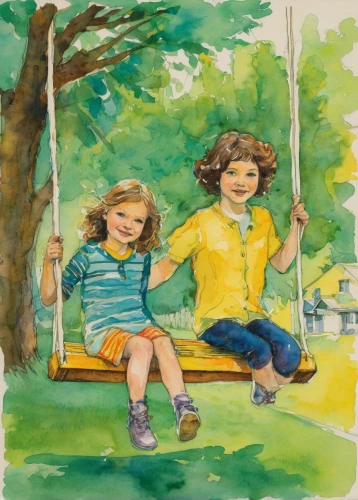 happy children playing in the forest,swing set,girl and boy outdoor,park bench,garden swing,wooden swing,children drawing,hanging swing,kids illustration,watercolor painting,child in park,empty swing,swinging,tree swing,watercolor sketch,watercolor baby items,watercolor frame,porch swing,garden bench,little girls walking,Illustration,Paper based,Paper Based 12