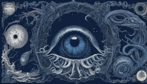 mirror of souls,deep sea nautilus,cosmic eye,deep sea,cuthulu,astral traveler,maelstrom,hamsa,indigo,zodiac,blue planet,shaper,the bottom of the sea,apiarium,aquarius,ringed-worm,argus,auqarium,blue monster,nautilus,Illustration,Realistic Fantasy,Realistic Fantasy 47