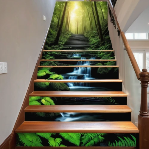 outside staircase,water stairs,stairway to heaven,stairwell,wooden stairs,stairs,staircase,stairway,tree top path,stair,wall decoration,glow in the dark paint,modern decor,winding steps,interior design,slide canvas,shower curtain,wooden stair railing,wall painting,wall art,Illustration,Black and White,Black and White 08