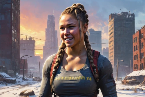 a girl's smile,fallout4,post apocalyptic,city ​​portrait,the girl's face,cyberpunk,grin,world digital painting,girl with gun,cheyenne,divergent,sci fiction illustration,game art,society finch,custom portrait,portrait background,fresh fallout,girl in a historic way,engineer,dystopian,Conceptual Art,Fantasy,Fantasy 12