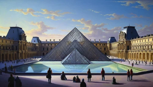 louvre,louvre museum,universal exhibition of paris,glass pyramid,pyramids,capitole,paris,pyramid,versailles,notre dame,roof domes,notre-dame,tempodrom,beautiful buildings,french building,surrealism,palace,the red square,palais de chaillot,the center of symmetry,Illustration,Realistic Fantasy,Realistic Fantasy 18