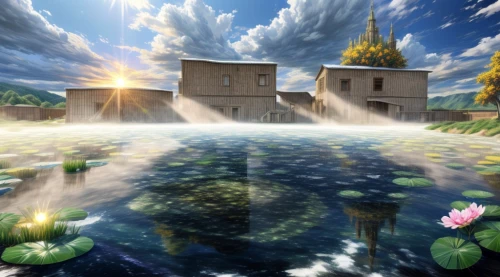 fantasy picture,landscape background,cartoon video game background,background image,fantasy landscape,wishing well,water lotus,home landscape,3d background,underground lake,world digital painting,virtual landscape,water mill,background images,3d fantasy,house with lake,parallel worlds,children's background,background view nature,hydropower plant