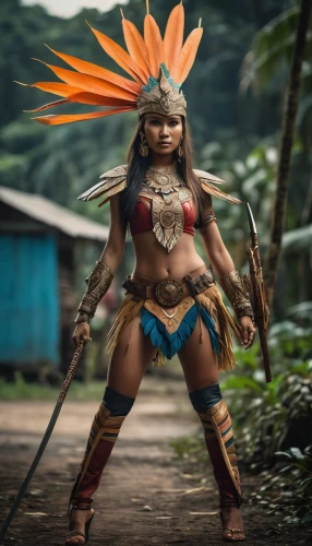 warrior woman,tribal chief,female warrior,papuan,polynesian girl,tribal arrows,aborigine,tribal,indigenous culture,pocahontas,traditional bow,shaman,native american,american indian,indigenous,ancient costume,marvel of peru,native,feather headdress,indian headdress,Photography,General,Cinematic