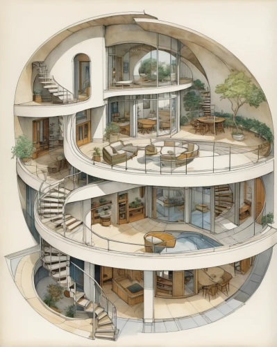 circular staircase,panopticon,multi-storey,spiral staircase,condominium,architect plan,spiral stairs,archidaily,futuristic architecture,multi-story structure,cross-section,eco-construction,cross section,balconies,an apartment,smart house,modern architecture,escher,winding staircase,houses clipart,Illustration,Paper based,Paper Based 29