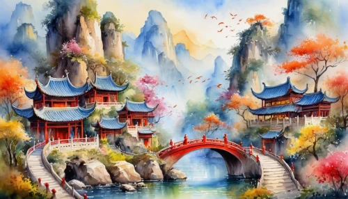 chinese art,chinese temple,oriental painting,guilin,chinese architecture,chinese background,forbidden palace,dongfang meiren,wuyi,guizhou,huashan,oriental,summer palace,fantasy landscape,watercolor background,chinese clouds,dragon bridge,huangshan maofeng,zhangjiajie,yunnan,Illustration,Paper based,Paper Based 24