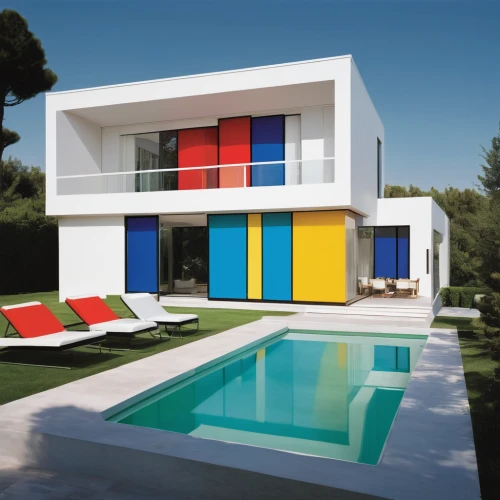 mondrian,pool house,modern house,cube house,modern architecture,cubic house,color blocks,mid century modern,modern style,exterior decoration,color block,summer house,holiday villa,mid century house,outdoor furniture,outdoor sofa,pop art colors,contemporary decor,dunes house,geometric style,Art,Artistic Painting,Artistic Painting 22