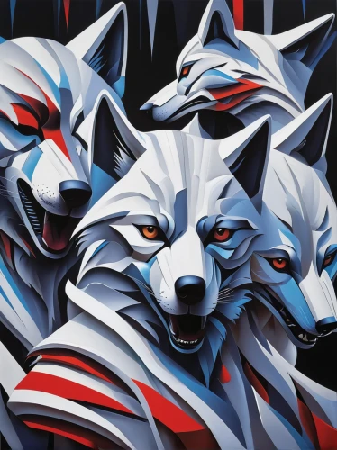 huskies,wolves,canines,wolf pack,canis lupus,two wolves,anaglyph,foxes,three dogs,wolf,animal icons,detail shot,kennel,white blue red,animal faces,canidae,color dogs,mural,red blue wallpaper,raging dogs,Art,Artistic Painting,Artistic Painting 34