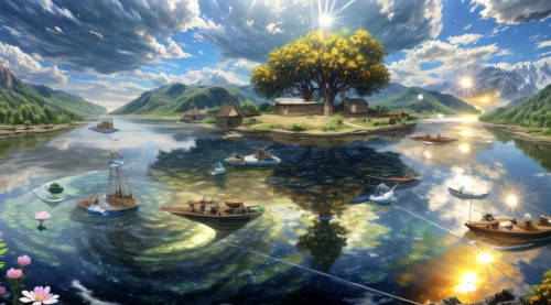 fantasy picture,fantasy landscape,fantasy art,world digital painting,fairy world,boat landscape,dream world,3d fantasy,landscape background,fantasy world,idyllic,floating island,floating islands,children's background,heaven lake,nature landscape,beautiful lake,idyll,dreamland,floating over lake