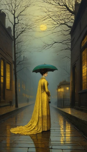 john atkinson grimshaw,raincoat,golden rain,walking in the rain,man with umbrella,evening atmosphere,girl walking away,rainstorm,little girl with umbrella,yellow sky,in the rain,yellow light,brolly,sleepwalker,rainy day,woman walking,light rain,rainy,transistor,fantasy picture,Illustration,Vector,Vector 12