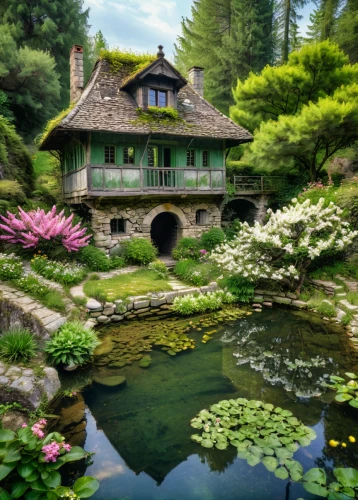 house with lake,giverny,summer cottage,garden pond,lilly pond,beautiful home,lily pond,house in the forest,house in mountains,cottage,country cottage,japan garden,house in the mountains,swiss house,home landscape,cottage garden,water mill,house by the water,country house,fairytale,Photography,General,Natural