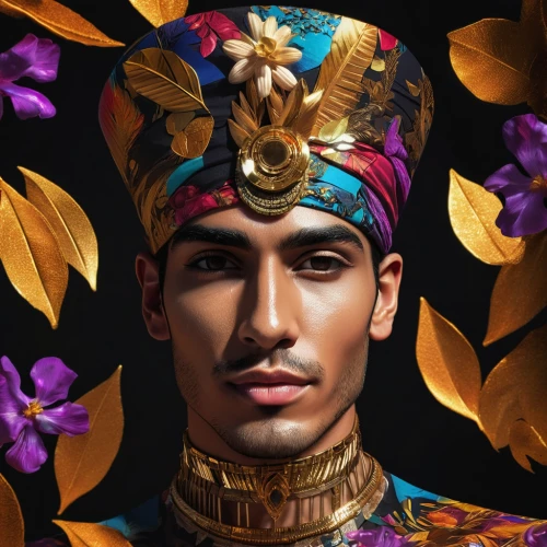 pharaoh,fantasy portrait,king tut,pharaonic,el dorado,aladdin,tutankhamun,zodiac sign libra,persian poet,matador,digital painting,tutankhamen,prince,aztec,egyptian,gold and purple,masquerade,apollo,king crown,portrait background,Photography,Artistic Photography,Artistic Photography 08