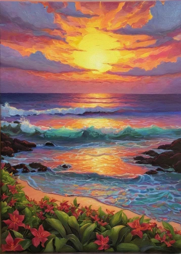 maui,kauai,beach landscape,oahu,luau,coastal landscape,molokai,coast sunset,aloha,sunset beach,sea landscape,sunrise beach,seascape,oil painting on canvas,ko olina resort,hawaii,oil painting,sea beach-marigold,landscape with sea,painting technique,Illustration,Realistic Fantasy,Realistic Fantasy 05