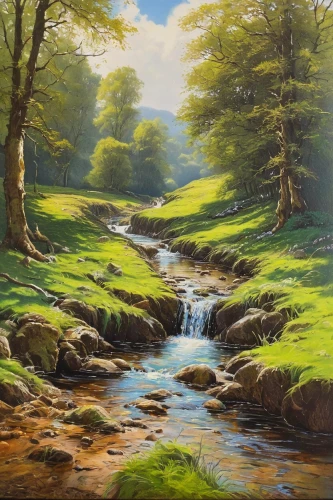 brook landscape,river landscape,mountain stream,flowing creek,green landscape,mountain spring,landscape background,forest landscape,oil painting on canvas,exmoor,a small waterfall,rural landscape,oil painting,streams,nature landscape,idyllic,oil on canvas,the brook,green waterfall,a river,Conceptual Art,Fantasy,Fantasy 04