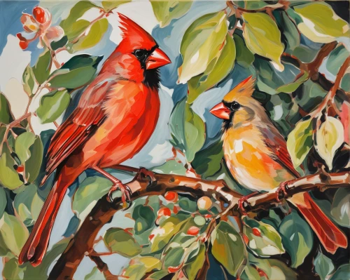 cardinals,passerine parrots,bird painting,birds on a branch,tropical birds,birds on branch,garden birds,songbirds,northern cardinal,finches,bird couple,red cardinal,crossbills,house finches,wild birds,society finches,cardinal,bird robins,colorful birds,parrot couple,Conceptual Art,Oil color,Oil Color 18