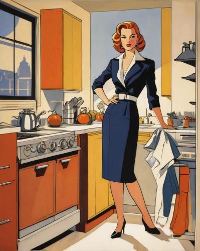 girl in the kitchen,retro 1950's clip art,vintage kitchen,housework,housewife,cleaning woman,domestic,1940 women,retro women,woman holding pie,homemaker,domestic life,woman drinking coffee,kitchen work,kitchen appliance,david bates,kitchenette,kitchen cabinet,vintage illustration,home appliances,Illustration,American Style,American Style 09