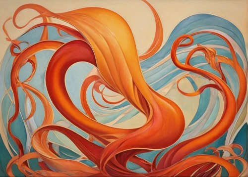 coral swirl,phoenix rooster,cephalopod,orange lily,orange trumpet,tentacles,swirling,tendrils,sinuous,flame spirit,tendril,schopf-torch lily,dancing flames,chambered nautilus,octopus tentacles,swirl,entwined,swirls,polyp,flame vine,Illustration,Retro,Retro 08