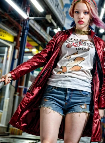 harley,harley quinn,red hood,the girl at the station,super heroine,girl in t-shirt,street fashion,vintage clothing,young model istanbul,cigarette girl,women fashion,anime japanese clothing,lily-rose melody depp,punk,t-shirt printing,streampunk,retro girl,fashion street,female model,cola bottles