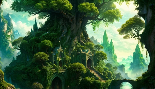 elven forest,fantasy landscape,green forest,fairy forest,enchanted forest,forest landscape,fairytale forest,rainforest,cartoon forest,druid grove,tree canopy,rain forest,fairy village,fairy world,tree grove,forest tree,the forests,holy forest,forests,fantasy picture