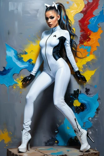 thick paint,bodypainting,sprint woman,bodypaint,fashion vector,silk,wasp,world digital painting,neon body painting,body painting,bjork,super heroine,fantasy woman,white boots,painting,painter,digital painting,painter doll,painting technique,santana,Illustration,American Style,American Style 05